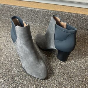 Vionic Ankle High Heel Booties Women's 6.5 Gray/Blue Suede Zip Pointed Toe Boots